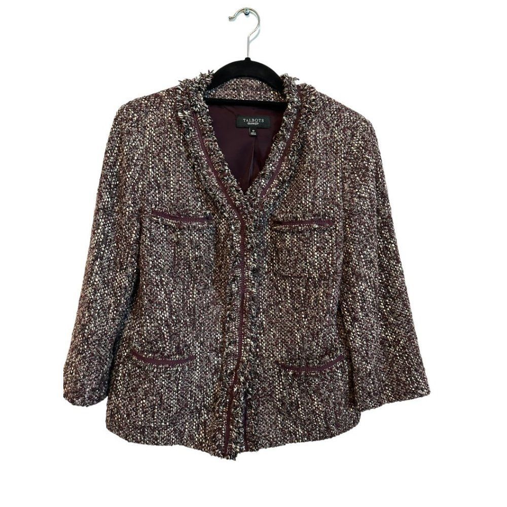 Talbots Boucle Lady Jacket w/Fringe and Ribbon Trim; maroon/gray/cream Size 10